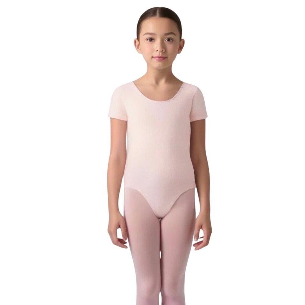 Capezio Childs L 12-14 Pink Leotard Short Sleeve Scoop Neck Dance Ballet Leg